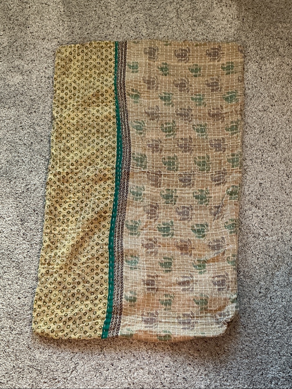 Kantha Standard Pillowcase Cover ~ Tan and Green